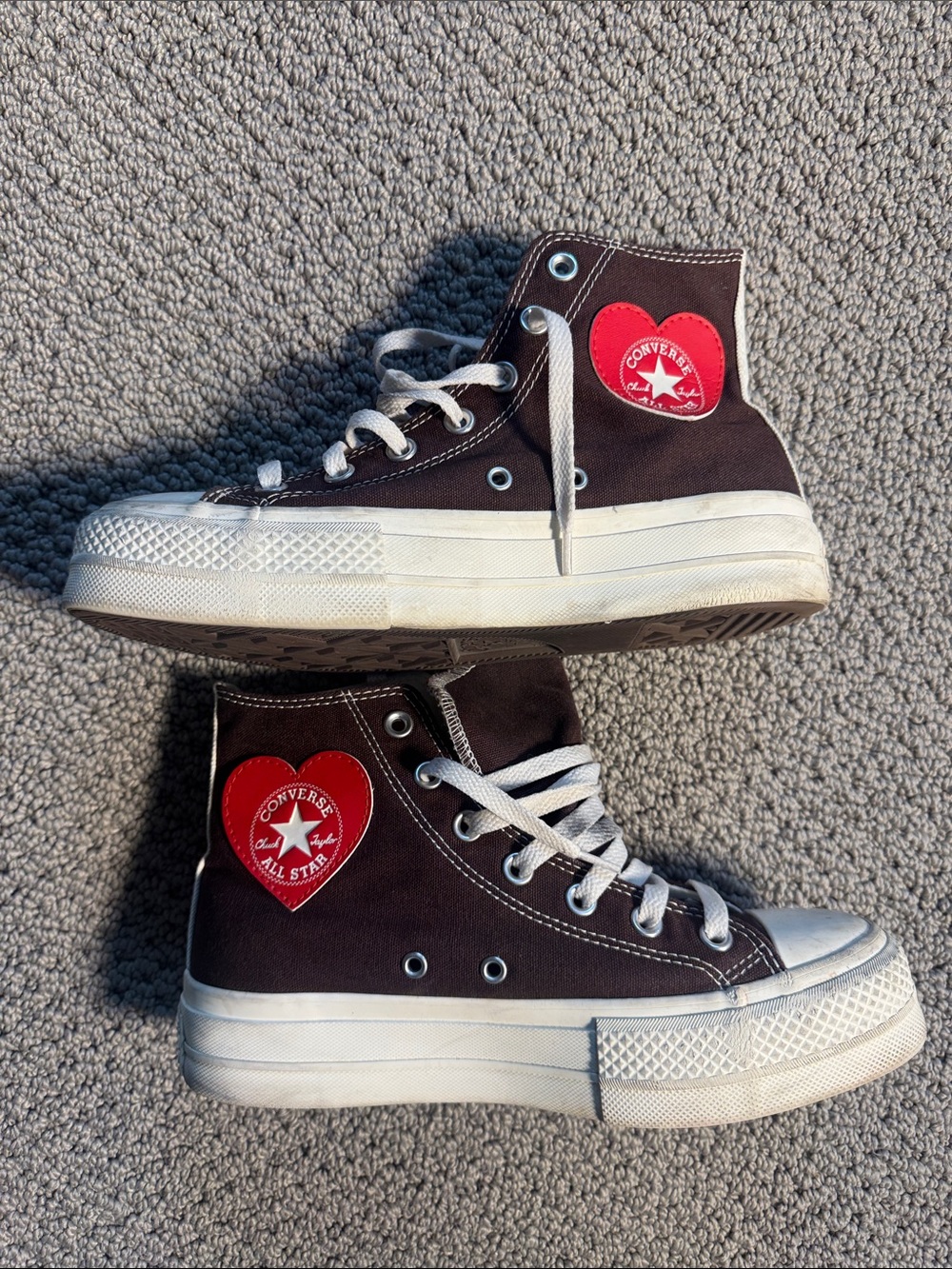 Converse Custom High-Top Platform All-Star Sneakers: Brown with Red Heart Detail